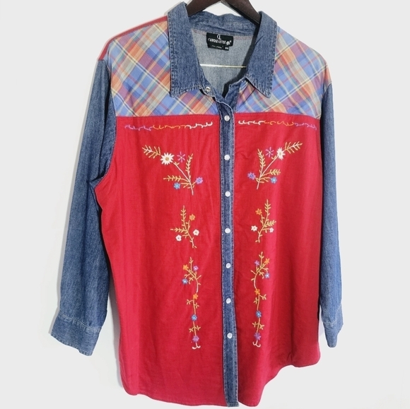 Carole Little 90's Button Down Floral Embroidery Denim Color Block Women's Shirt - Picture 1 of 6